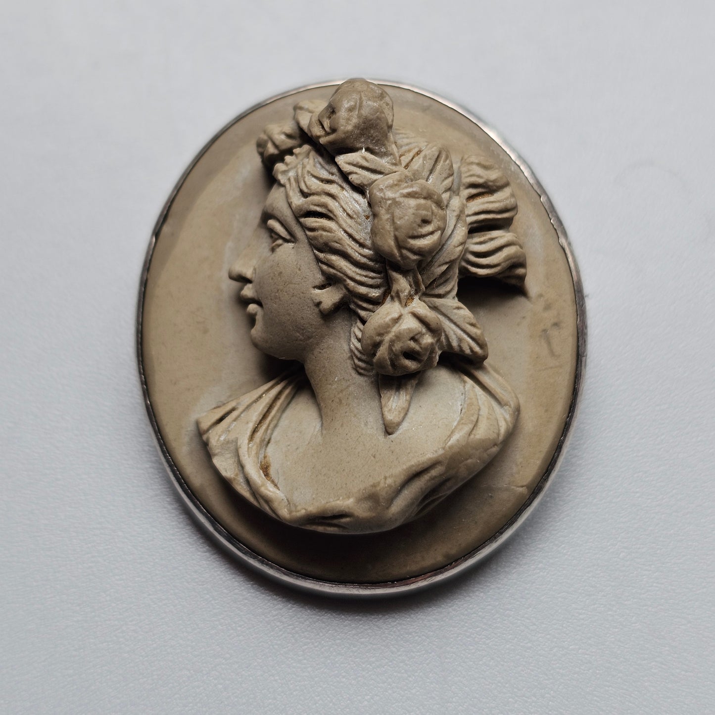 Antique Victorian Grand Tour Lava Cameo Brooch in Silver Frame