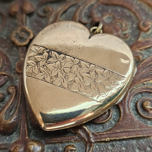 Antique Victorian Edwardian Gold Plated Heart Locket with Ivy Leaf Engraving