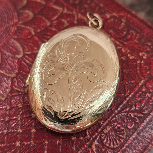 Vintage Antique Gold Filled Oval Locket with Engraved Foliate Decoration