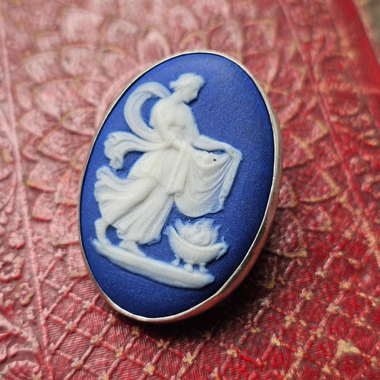 Antique Wedgwood Navy Jasperware Cameo Brooch in Silver Frame with repair