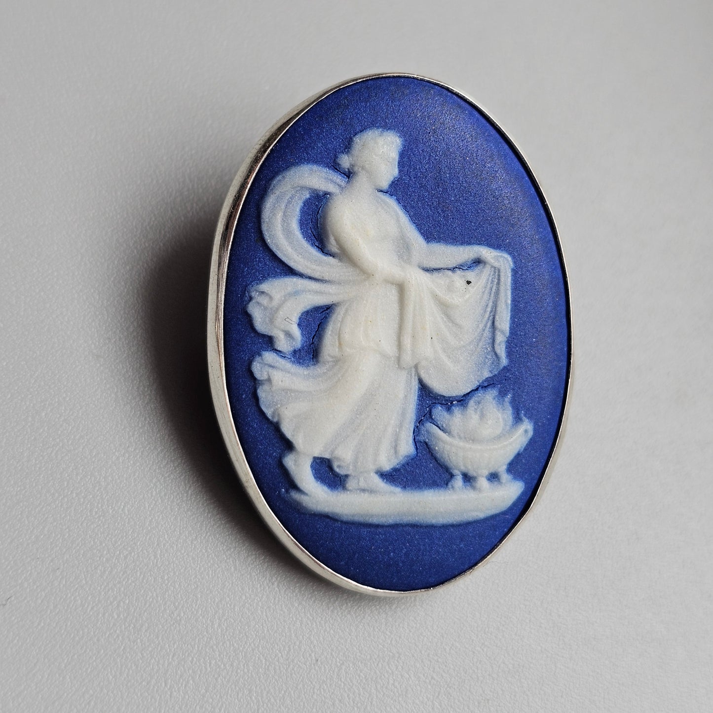 Antique Wedgwood Navy Jasperware Cameo Brooch in Silver Frame with repair