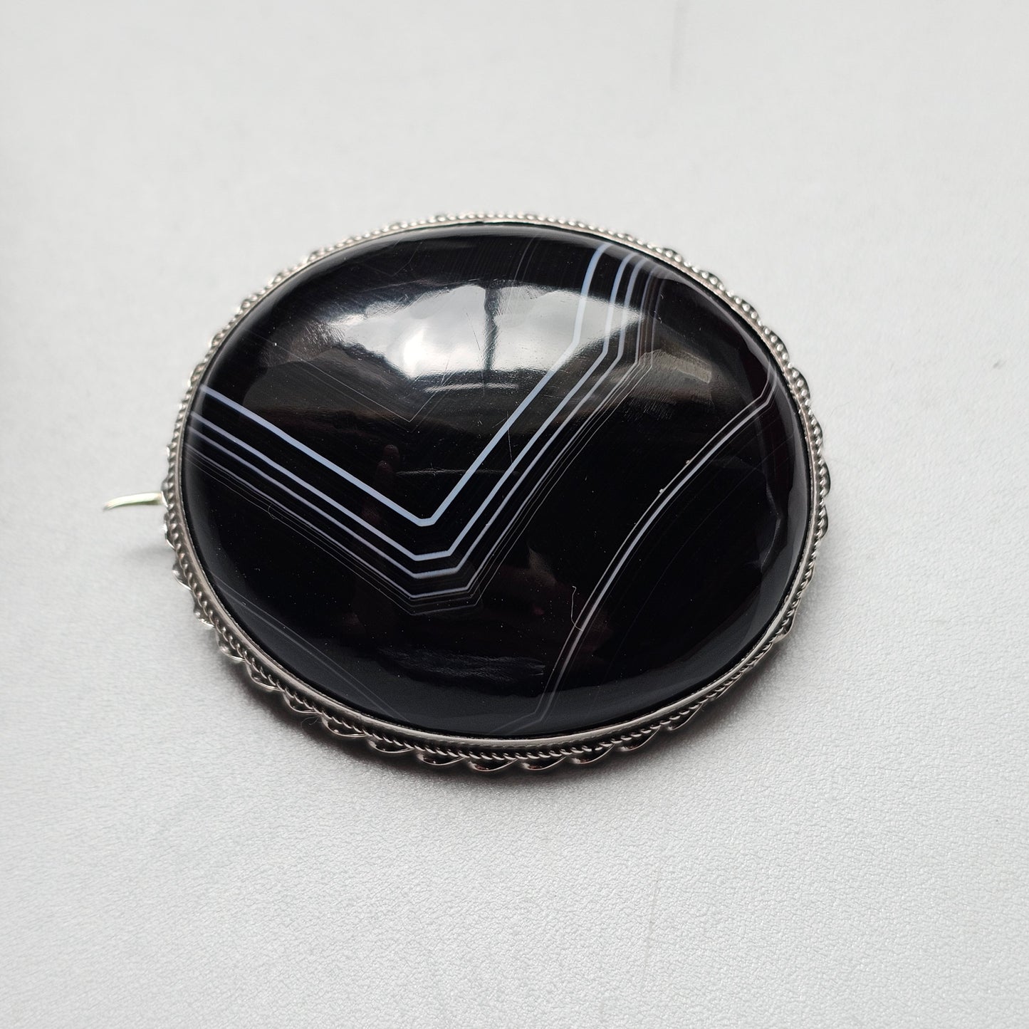 Antique Silver Scottish Banded Agate Brooch Oval Domed Stone