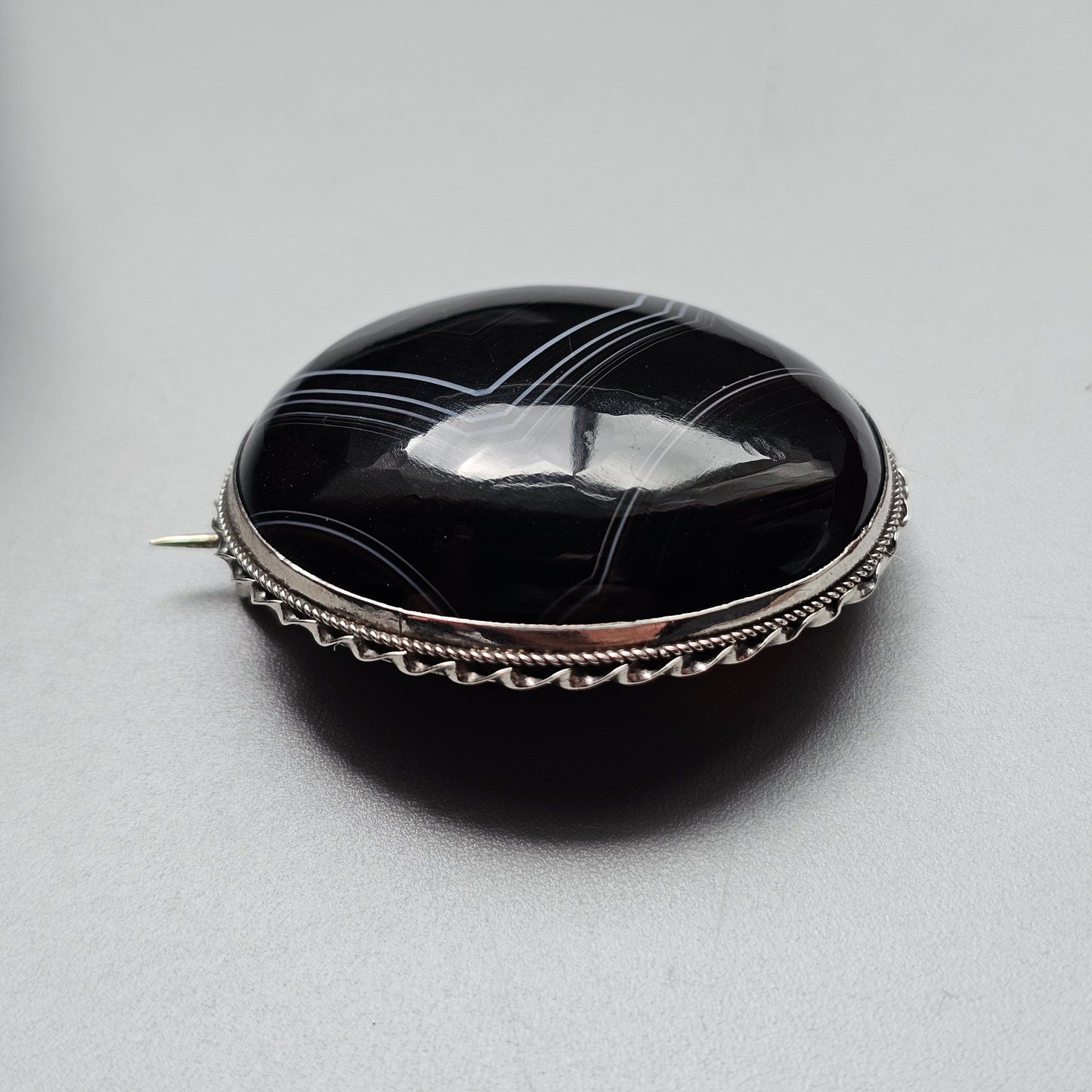 Antique Silver Scottish Banded Agate Brooch Oval Domed Stone