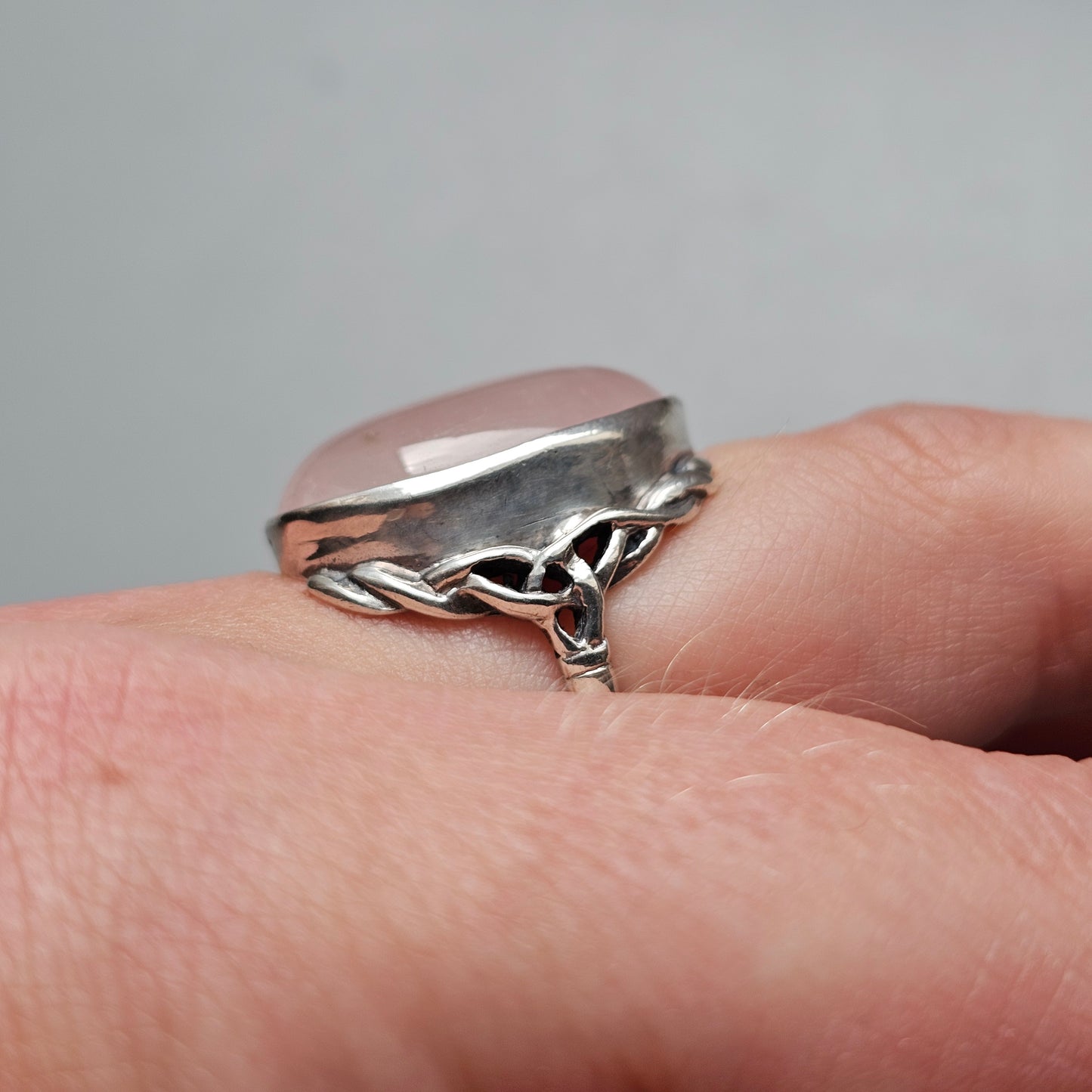 Vintage Arts and Crafts Style Sterling Silver Rose Quartz Celtic Ring