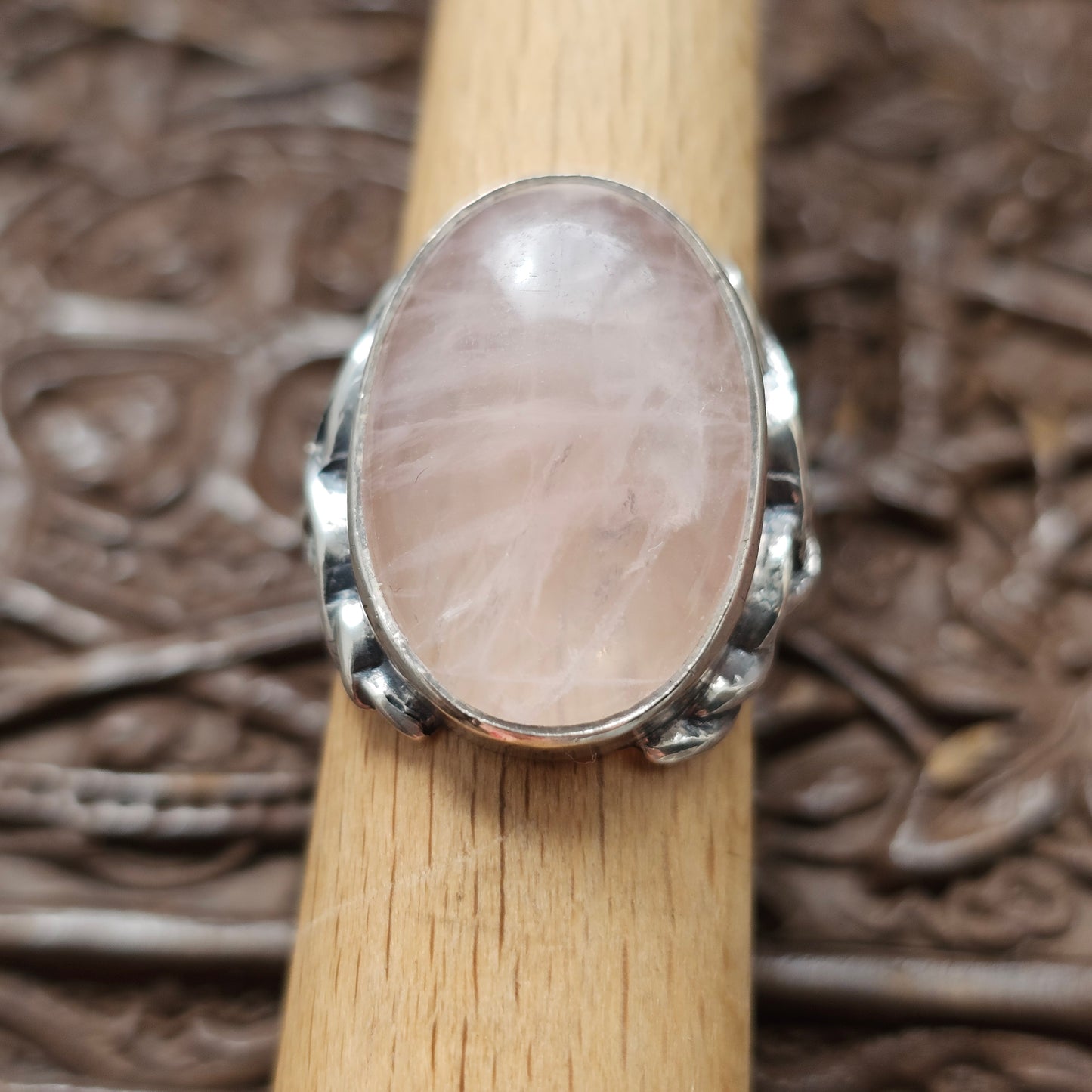 Vintage Arts and Crafts Style Sterling Silver Rose Quartz Celtic Ring