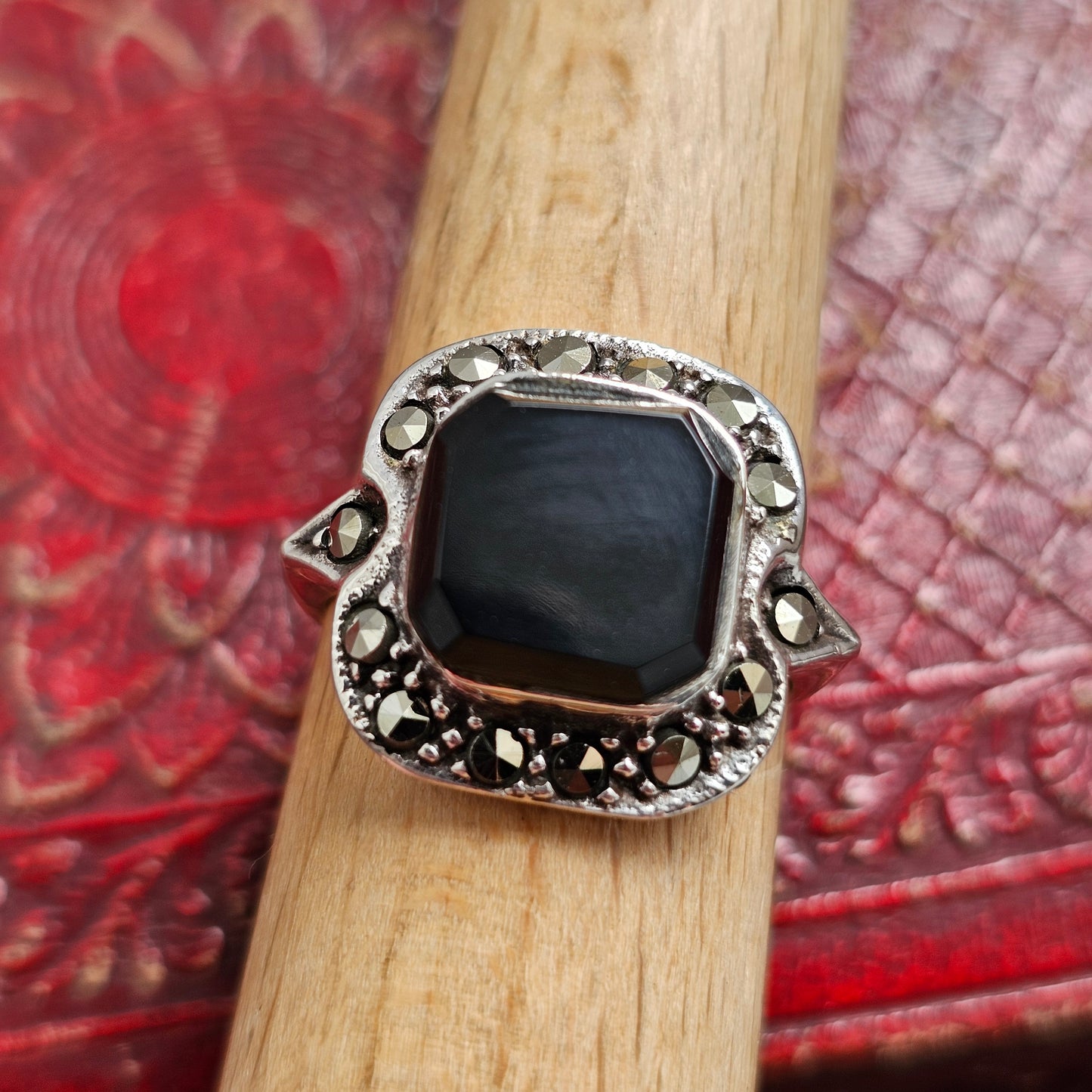 Art Deco Style Sterling Silver Onyx and Marcasite Ring