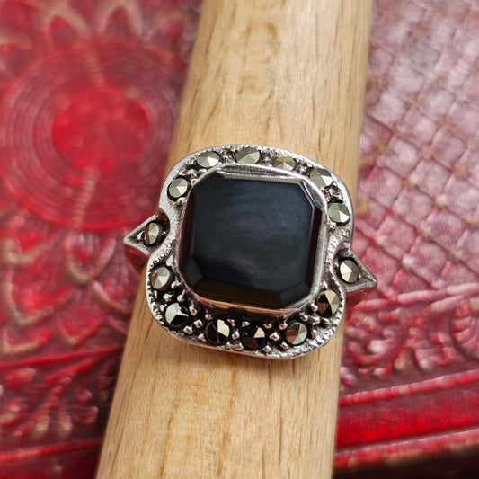 Art Deco Style Sterling Silver Onyx and Marcasite Ring