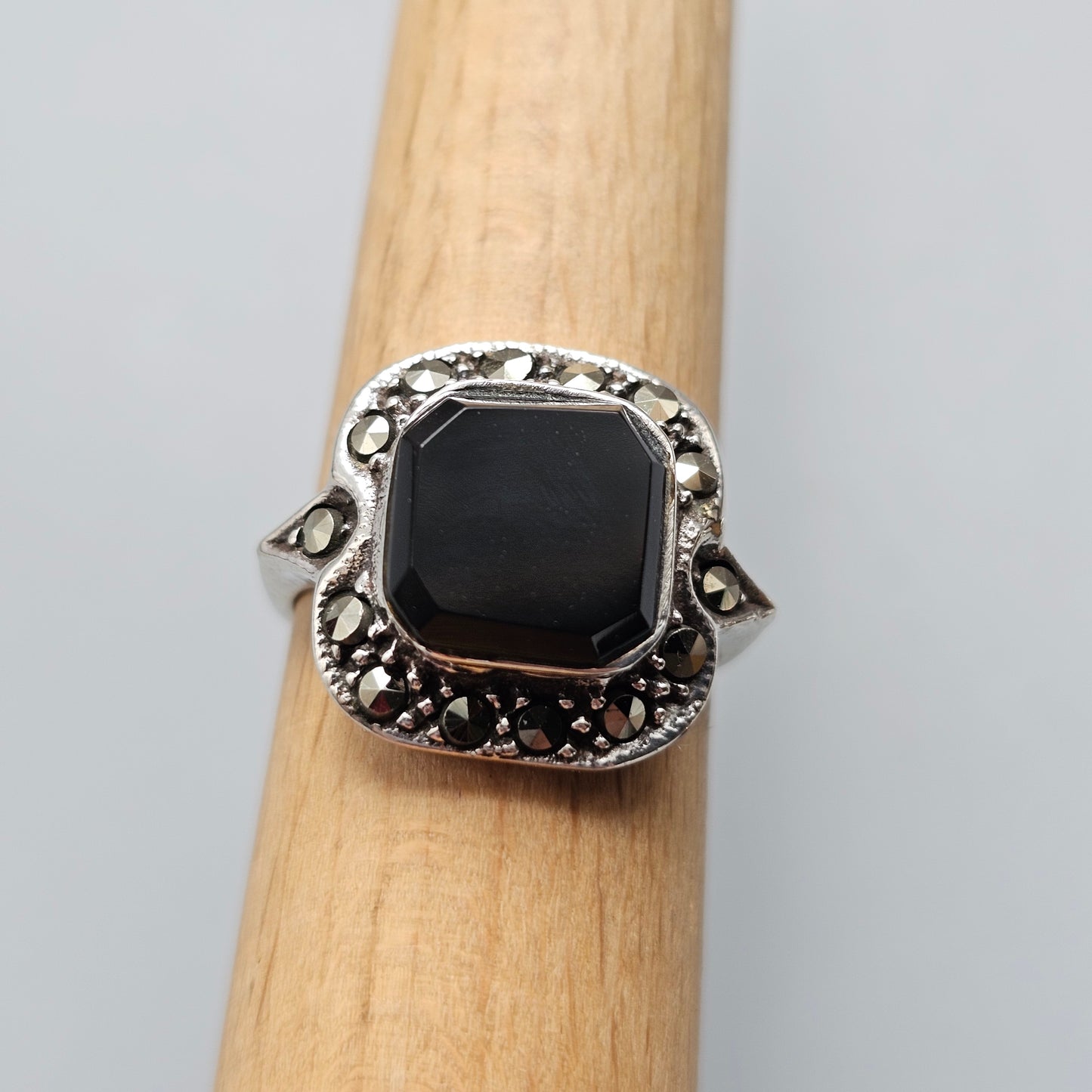 Art Deco Style Sterling Silver Onyx and Marcasite Ring