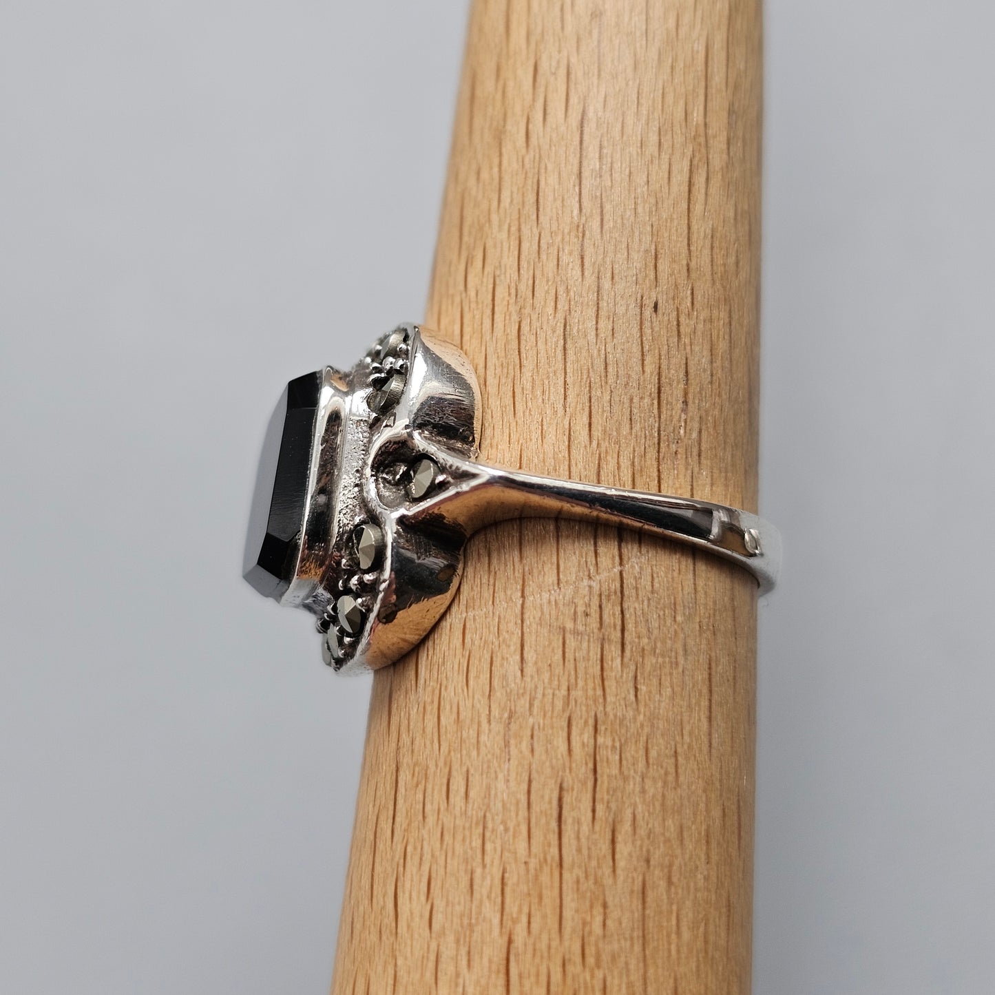 Art Deco Style Sterling Silver Onyx and Marcasite Ring