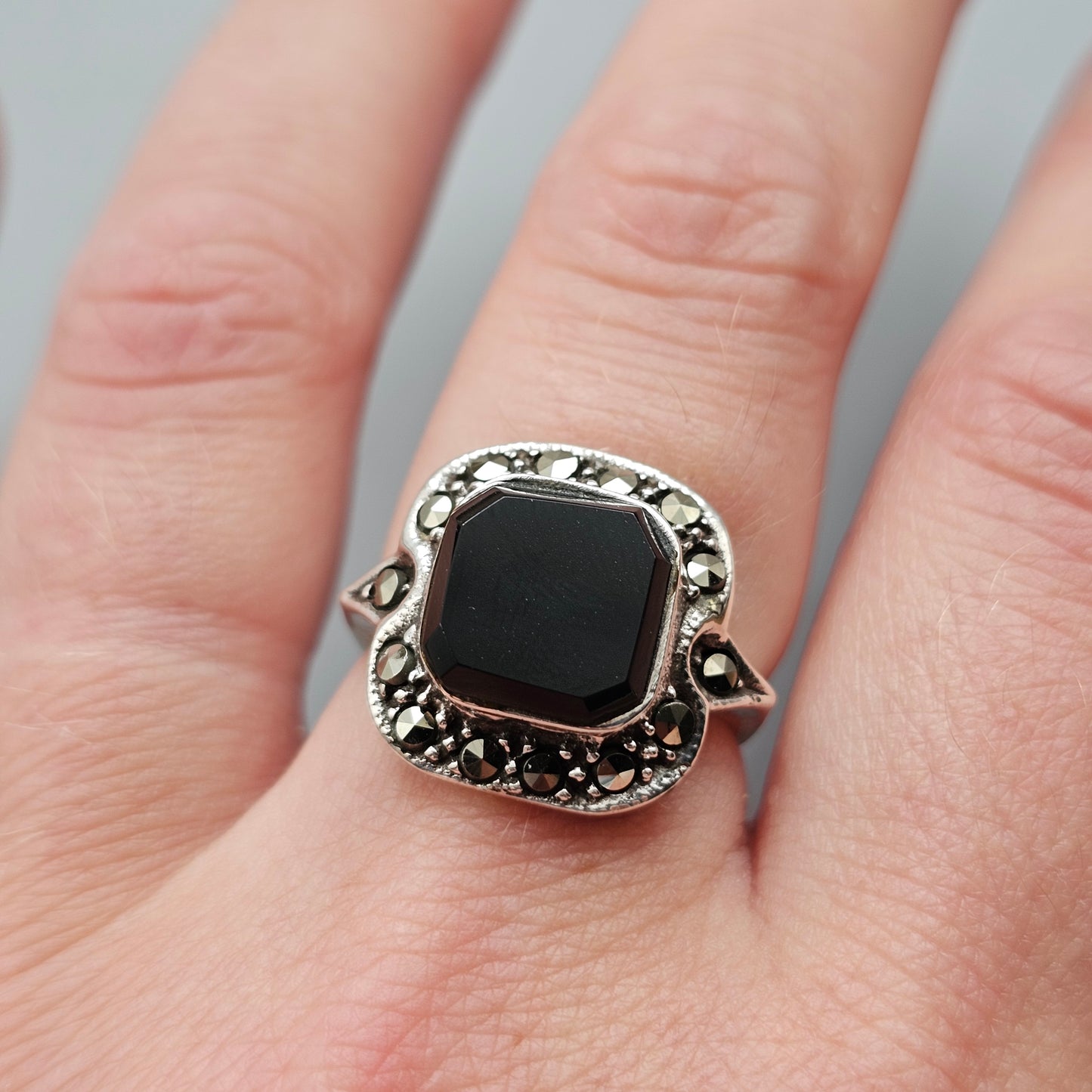 Art Deco Style Sterling Silver Onyx and Marcasite Ring