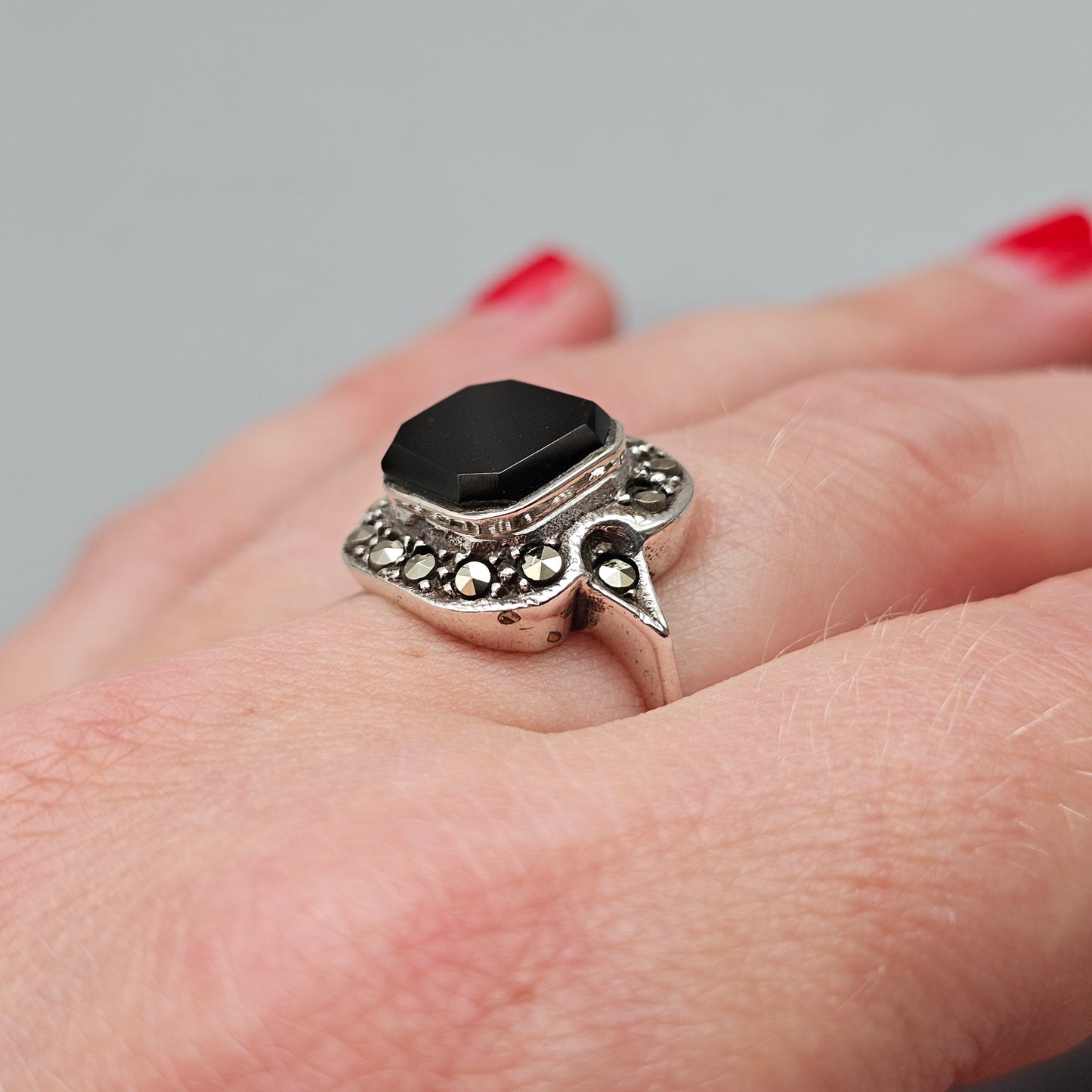 Art Deco Style Sterling Silver Onyx and Marcasite Ring
