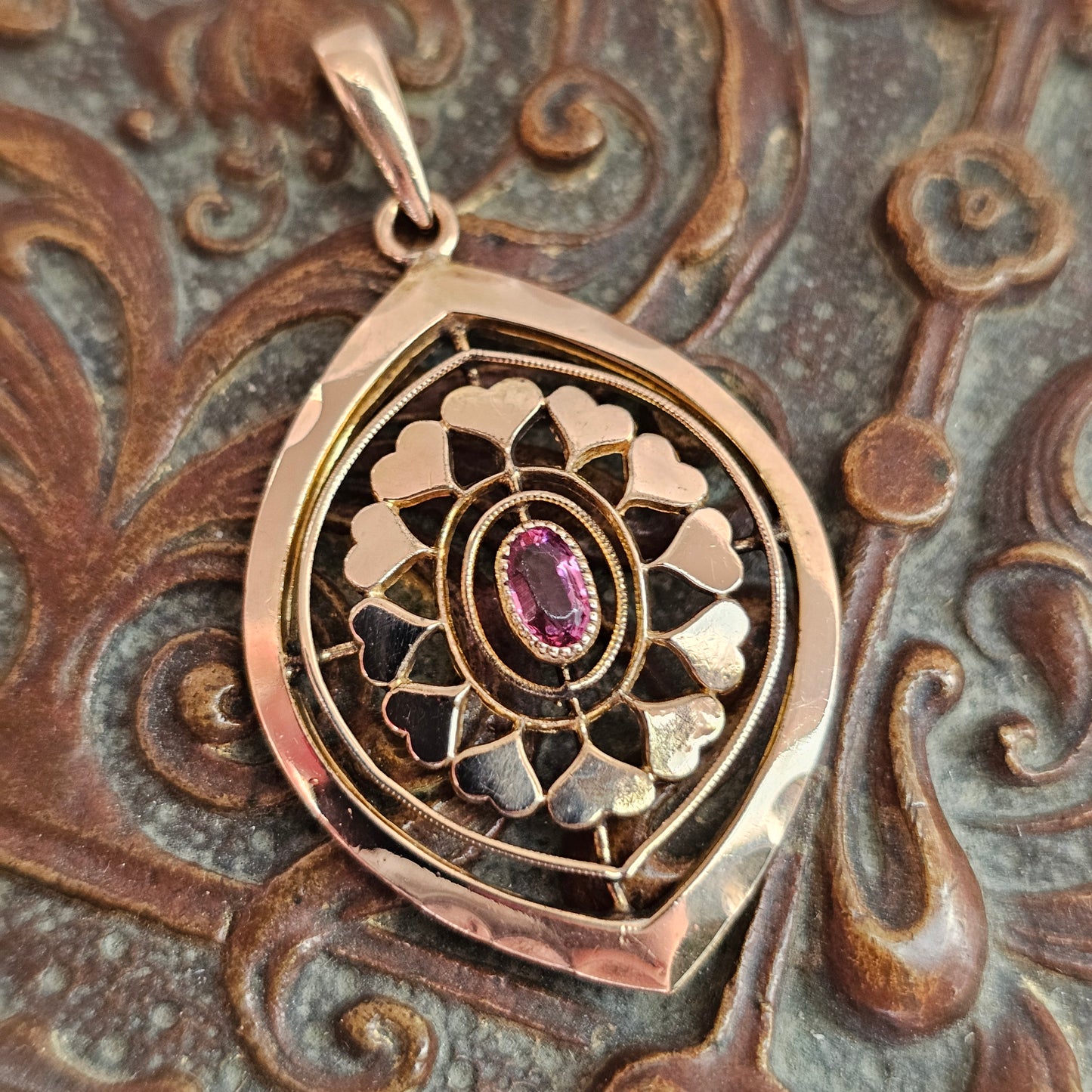 Antique Edwardian Kollmar & Jourdan Gold Filled Art Nouveau Style Pendant with Ruby Glass Paste