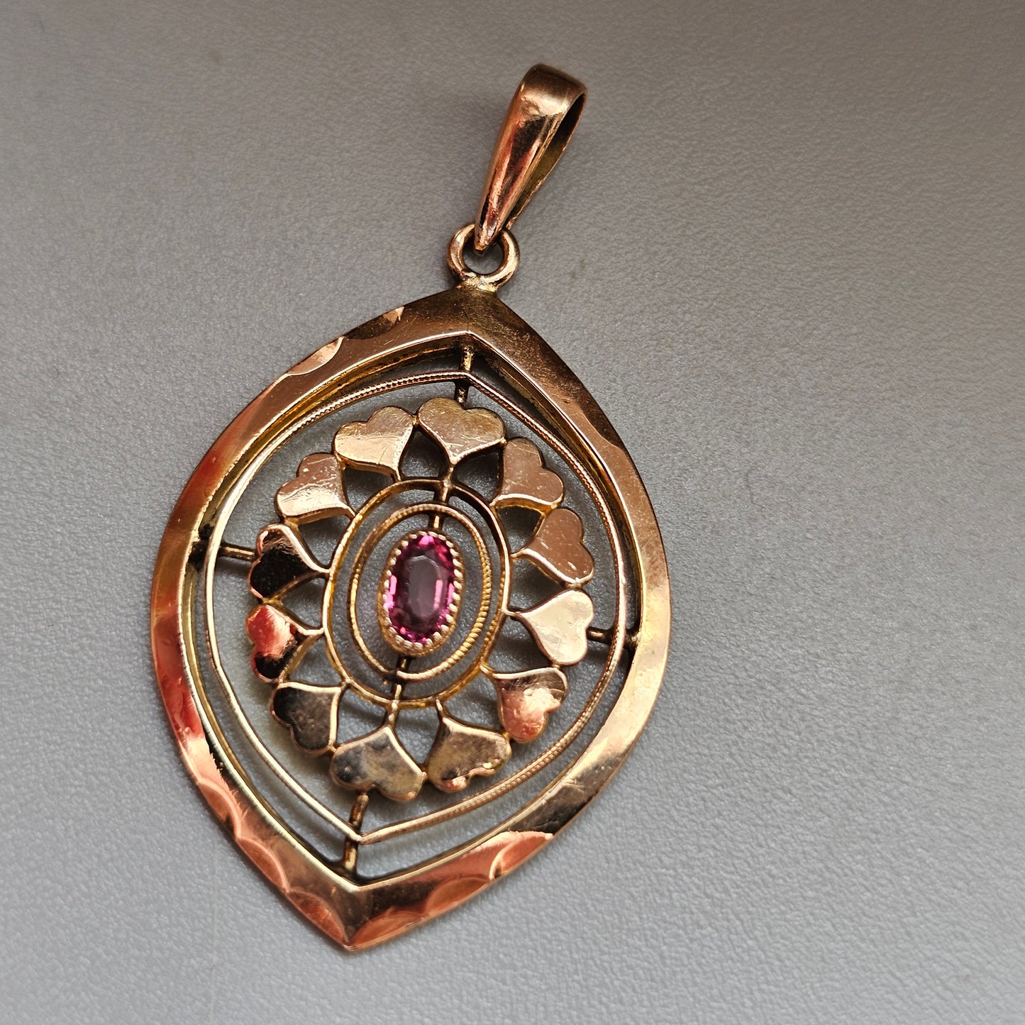 Antique Edwardian Kollmar & Jourdan Gold Filled Art Nouveau Style Pendant with Ruby Glass Paste