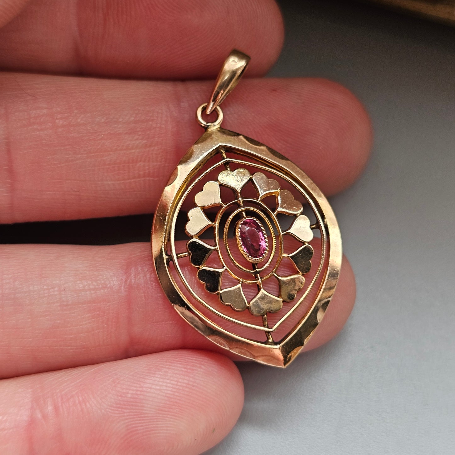 Antique Edwardian Kollmar & Jourdan Gold Filled Art Nouveau Style Pendant with Ruby Glass Paste