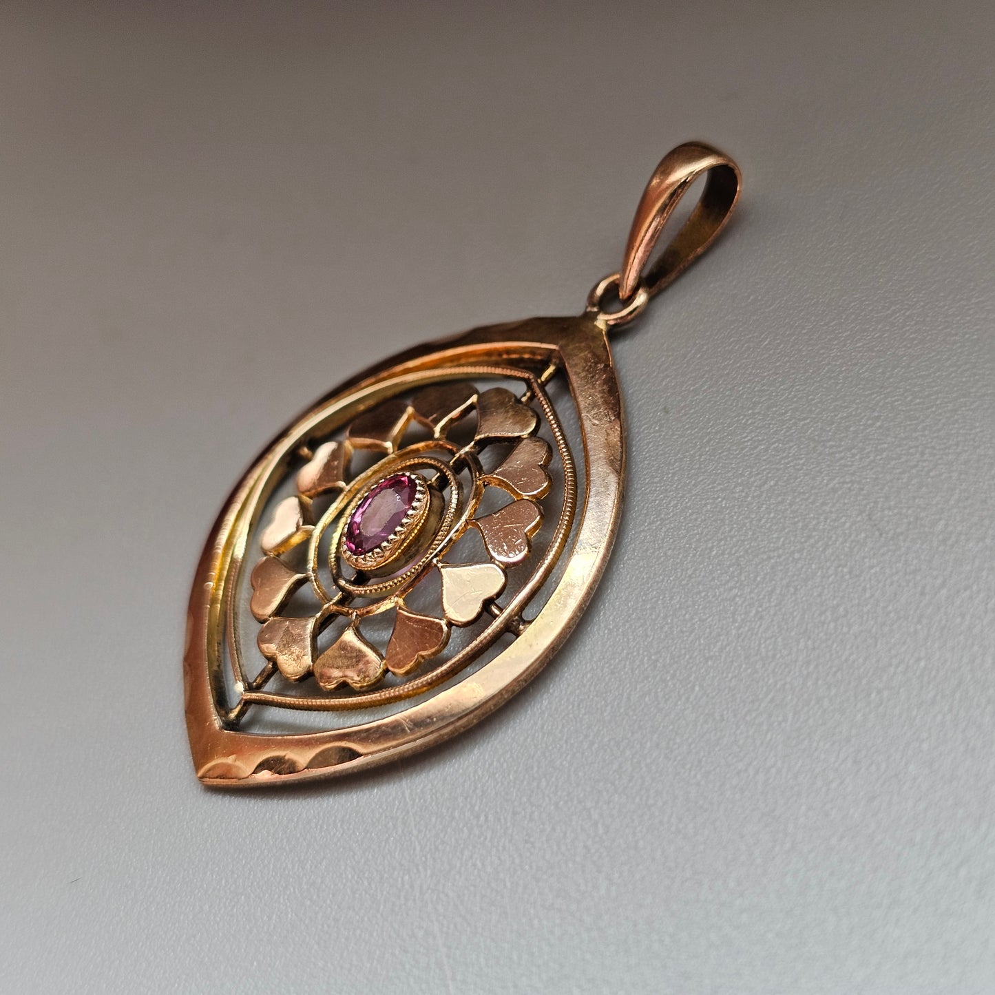 Antique Edwardian Kollmar & Jourdan Gold Filled Art Nouveau Style Pendant with Ruby Glass Paste
