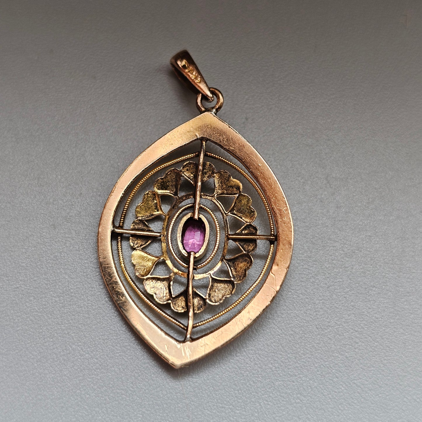Antique Edwardian Kollmar & Jourdan Gold Filled Art Nouveau Style Pendant with Ruby Glass Paste