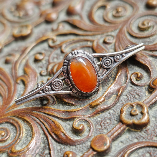 Antique Small Silver Moss Agate Bar Brooch Art Nouveau Arts and Crafts Style