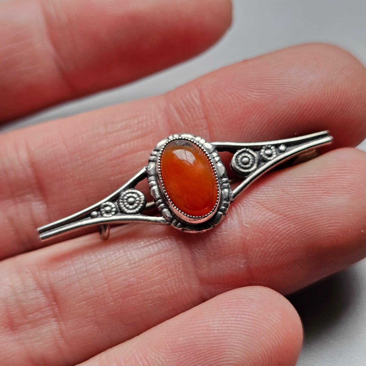 Antique Small Silver Moss Agate Bar Brooch Art Nouveau Arts and Crafts Style