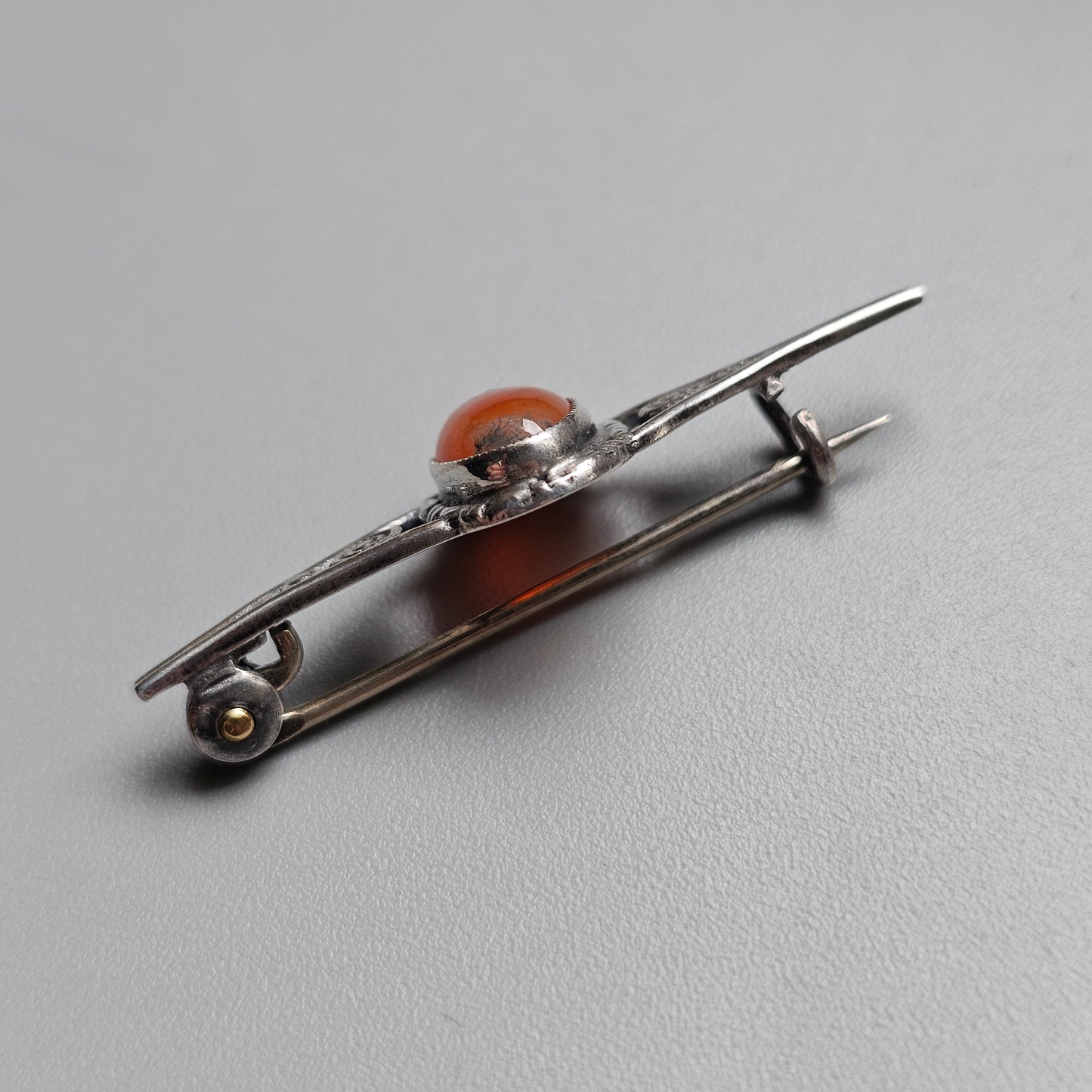 Antique Small Silver Moss Agate Bar Brooch Art Nouveau Arts and Crafts Style