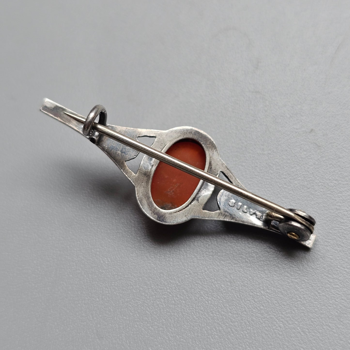 Antique Small Silver Moss Agate Bar Brooch Art Nouveau Arts and Crafts Style