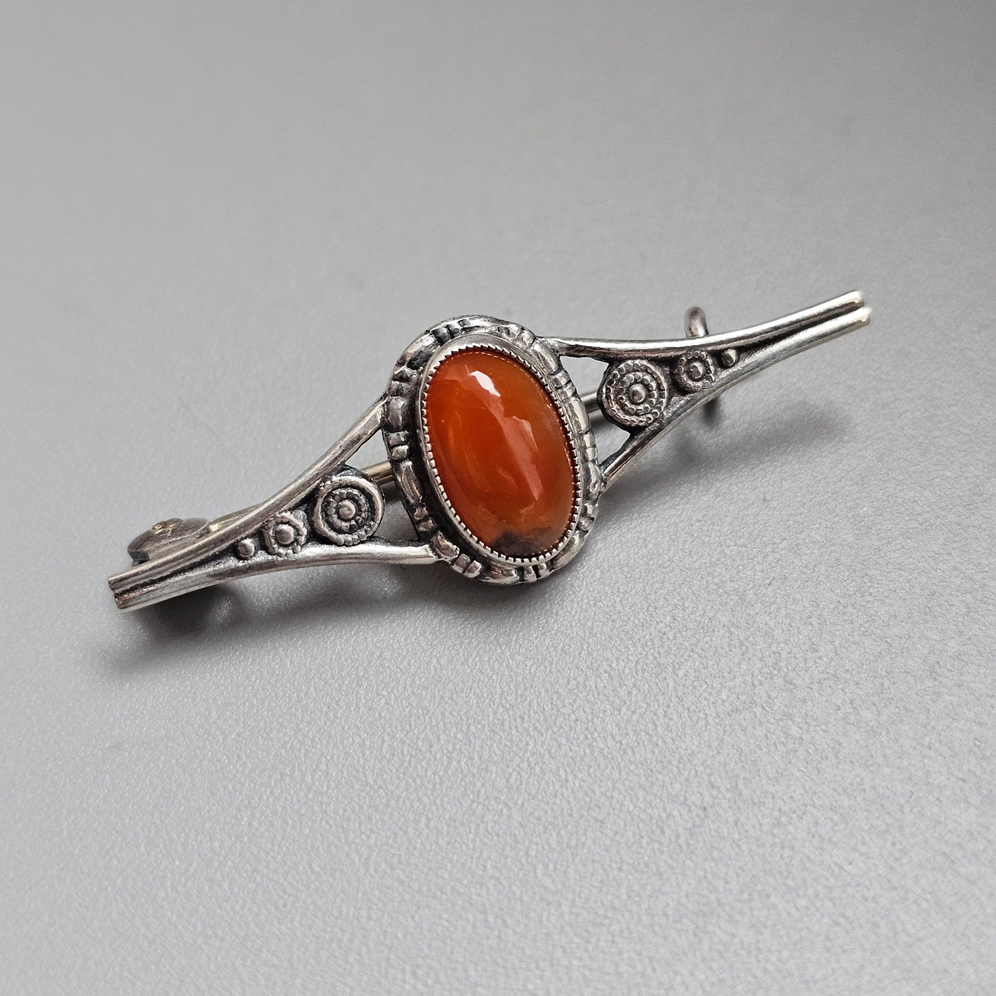 Antique Small Silver Moss Agate Bar Brooch Art Nouveau Arts and Crafts Style