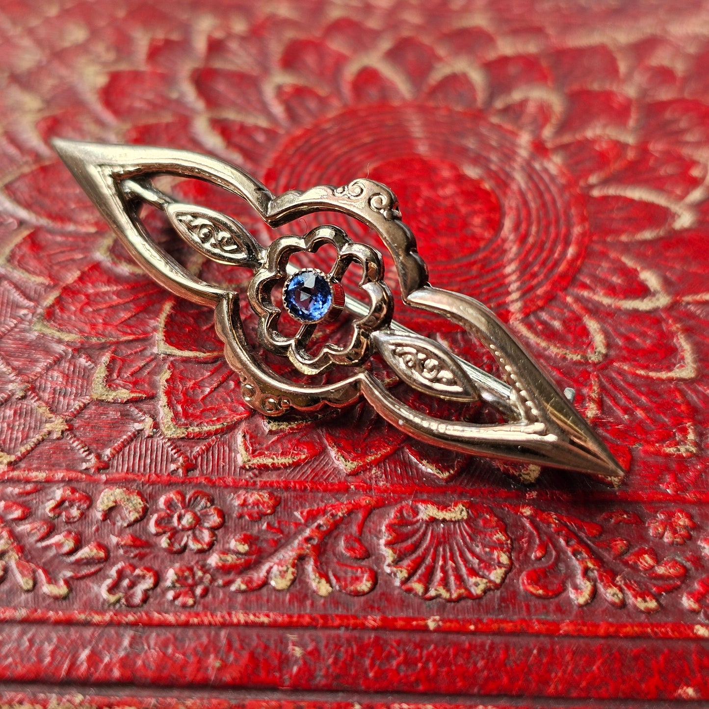 Antique Scandinavian 830 Silver Gold Plated Art Nouveau Brooch with Blue Glass Paste