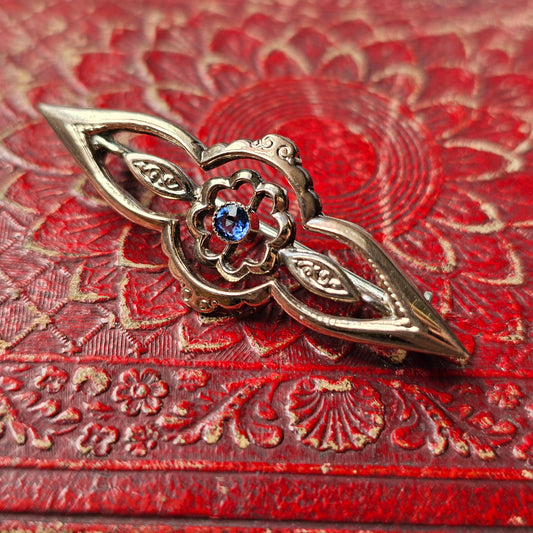 Antique Scandinavian 830 Silver Gold Plated Art Nouveau Brooch with Blue Glass Paste