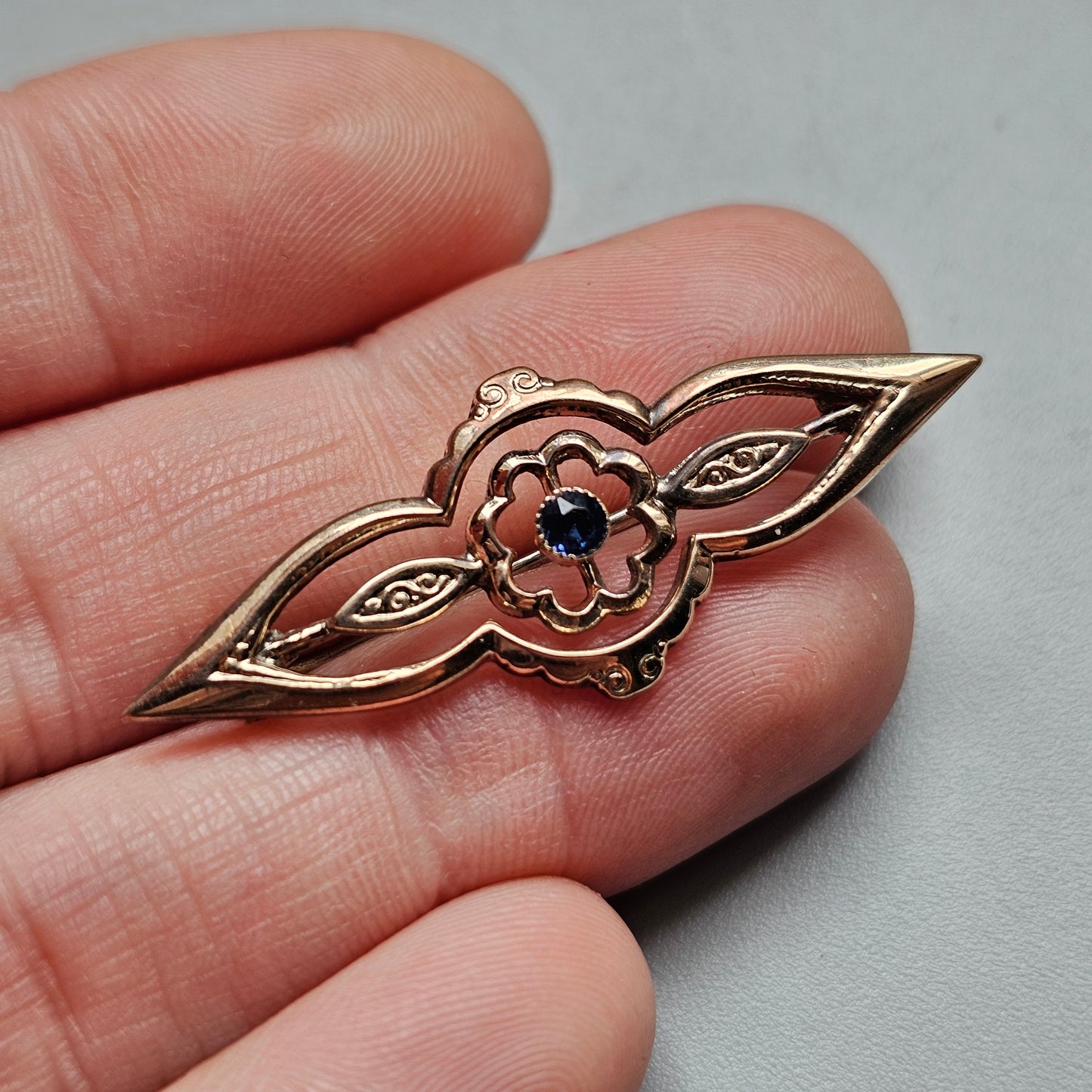 Antique Scandinavian 830 Silver Gold Plated Art Nouveau Brooch with Blue Glass Paste