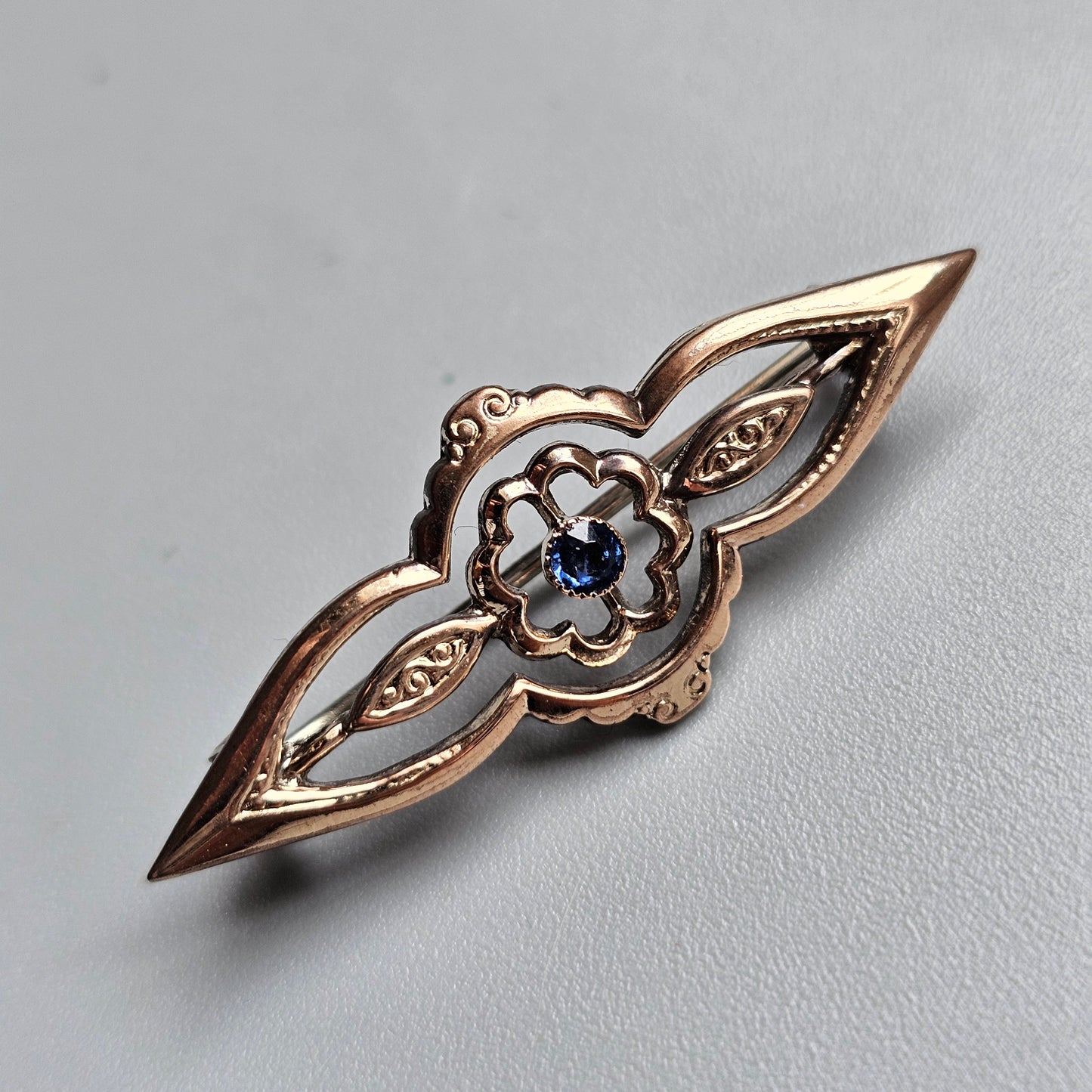 Antique Scandinavian 830 Silver Gold Plated Art Nouveau Brooch with Blue Glass Paste
