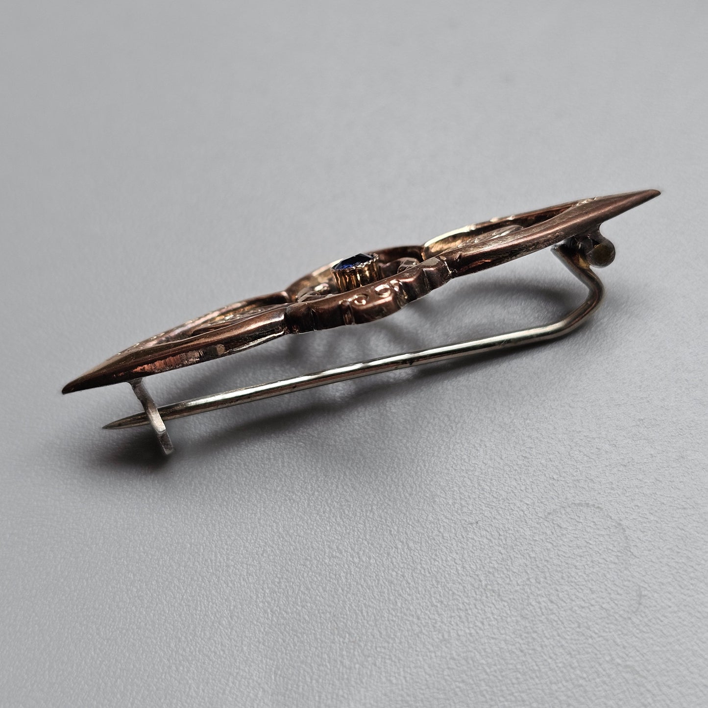 Antique Scandinavian 830 Silver Gold Plated Art Nouveau Brooch with Blue Glass Paste