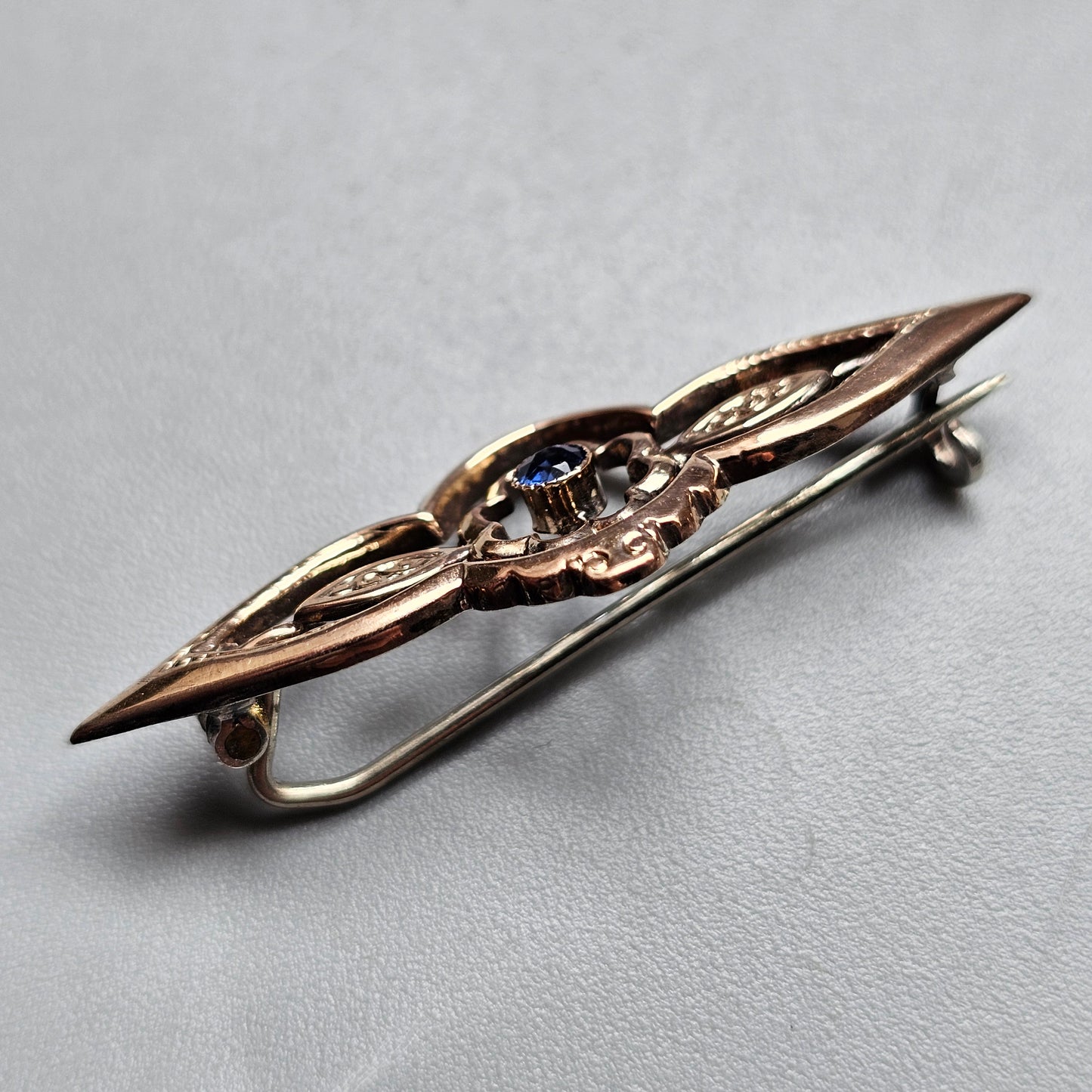 Antique Scandinavian 830 Silver Gold Plated Art Nouveau Brooch with Blue Glass Paste