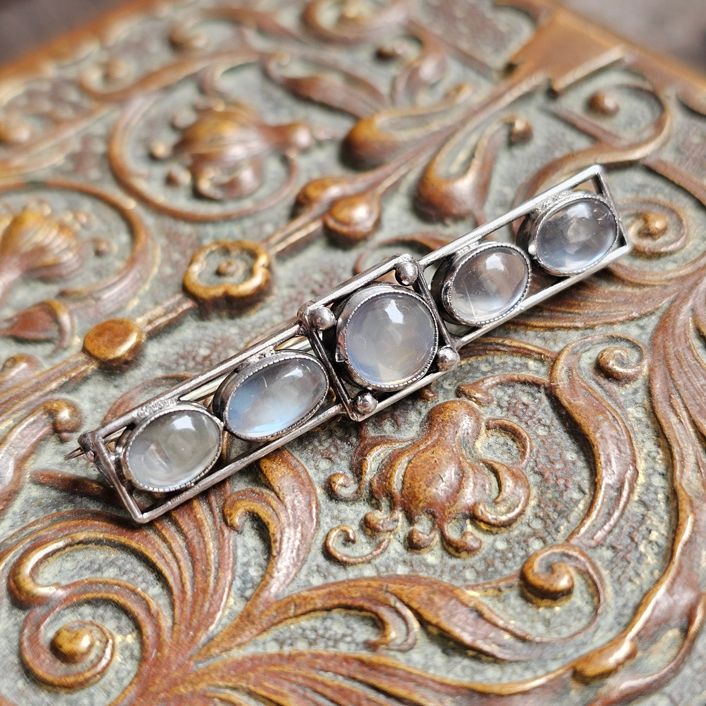 Antique Silver Moonstone Bar Brooch Edwardian Art Nouveau Arts and Crafts Era