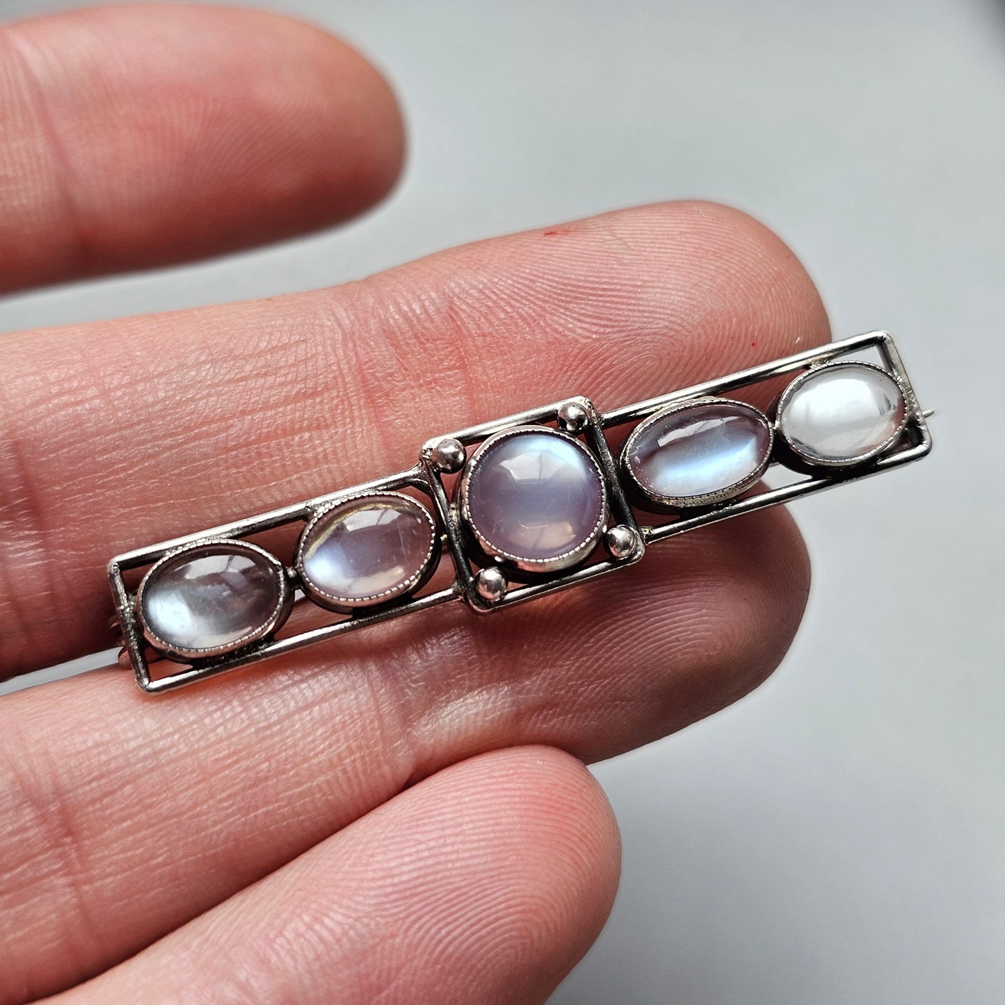 Antique Silver Moonstone Bar Brooch Edwardian Art Nouveau Arts and Crafts Era