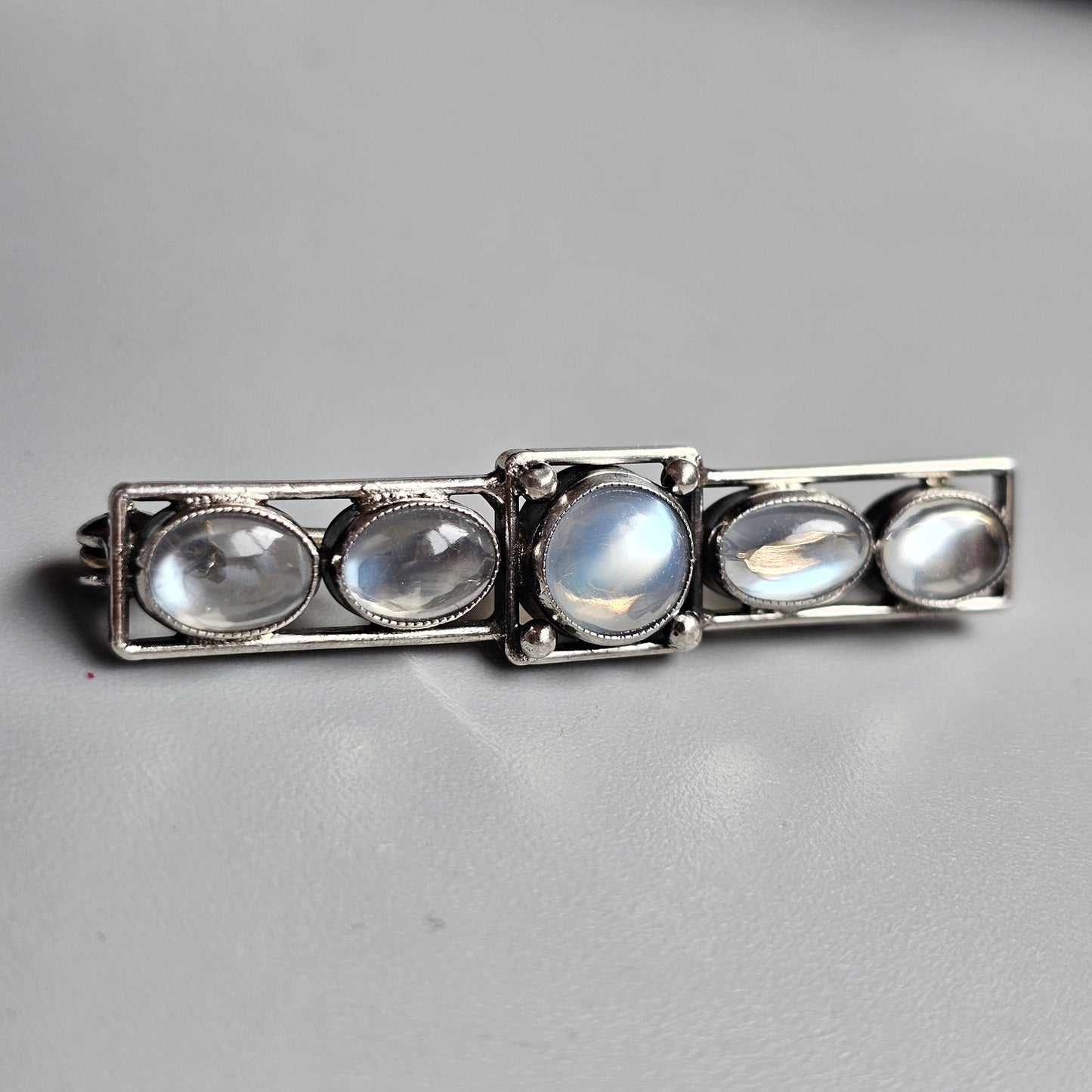 Antique Silver Moonstone Bar Brooch Edwardian Art Nouveau Arts and Crafts Era