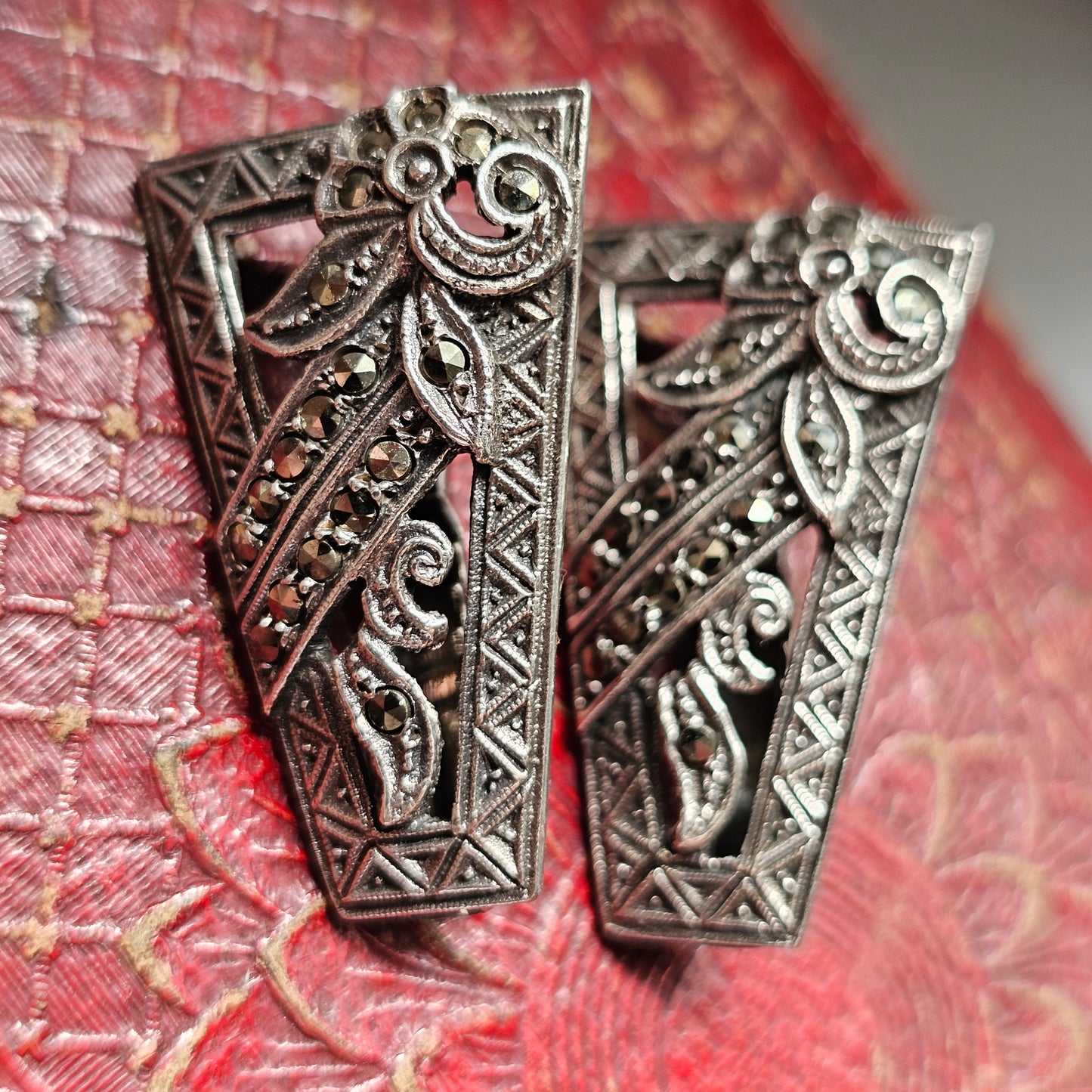 Pair of 1930s Art Deco Marcasite Dress Clips in Silver Tone Metal
