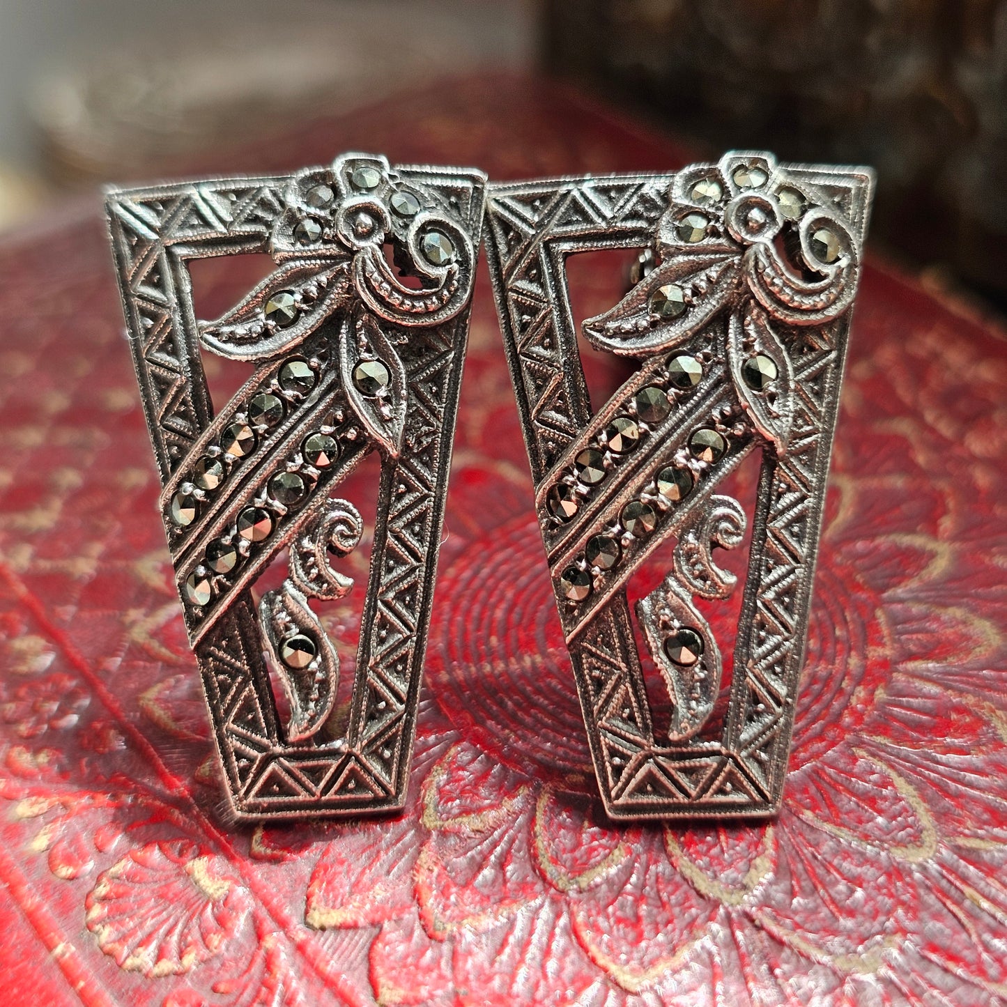 Pair of 1930s Art Deco Marcasite Dress Clips in Silver Tone Metal
