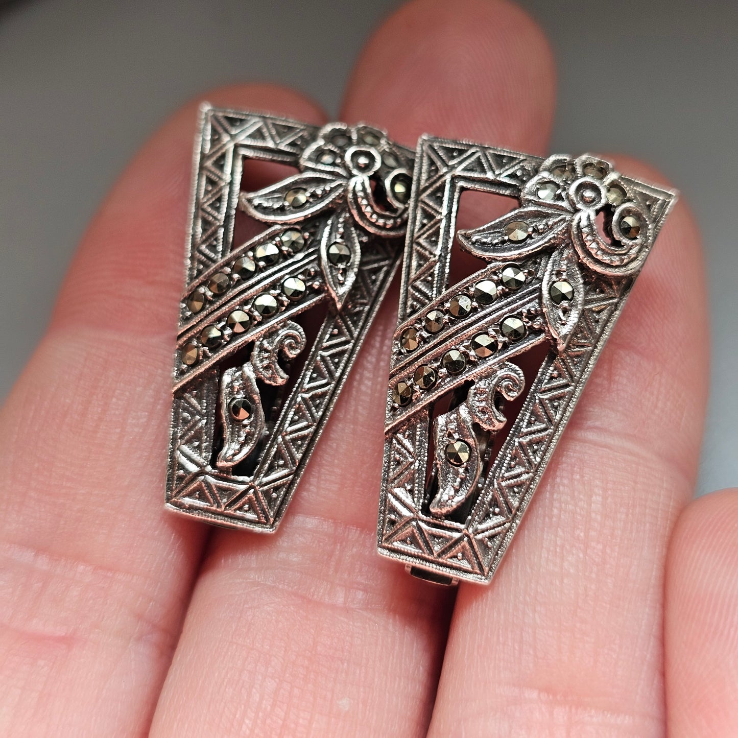 Pair of 1930s Art Deco Marcasite Dress Clips in Silver Tone Metal