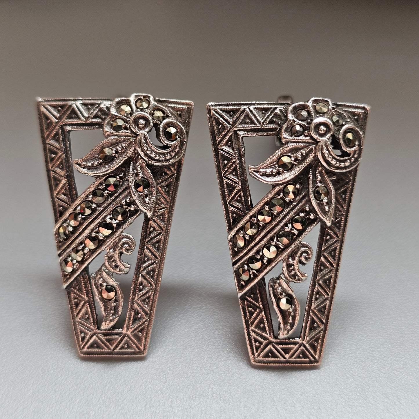 Pair of 1930s Art Deco Marcasite Dress Clips in Silver Tone Metal
