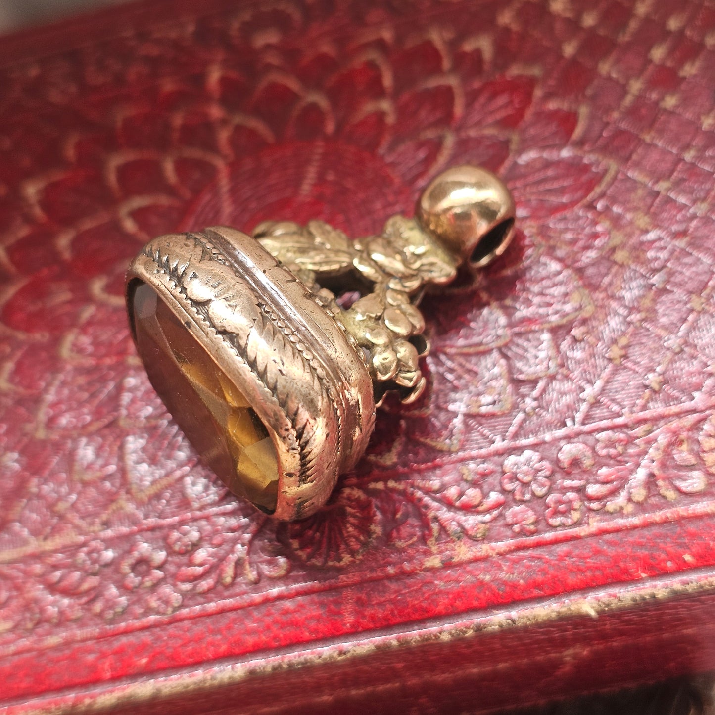 Antique Gold Plated Watch Fob with Yellow Glass Paste Stone