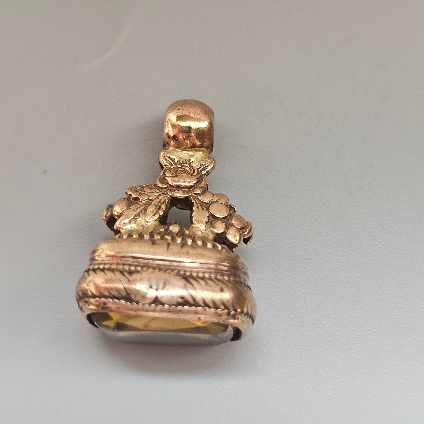 Antique Gold Plated Watch Fob with Yellow Glass Paste Stone