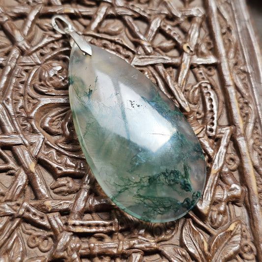 Vintage Silver Moss Agate Teardrop Necklace Pendant