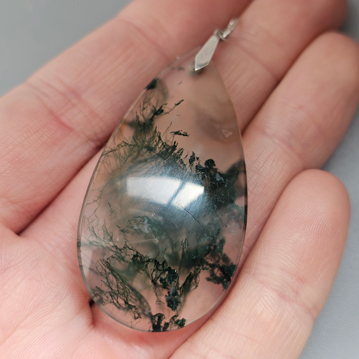 Vintage Silver Moss Agate Teardrop Necklace Pendant