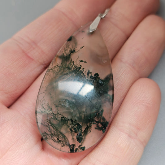 Vintage Silver Moss Agate Teardrop Necklace Pendant