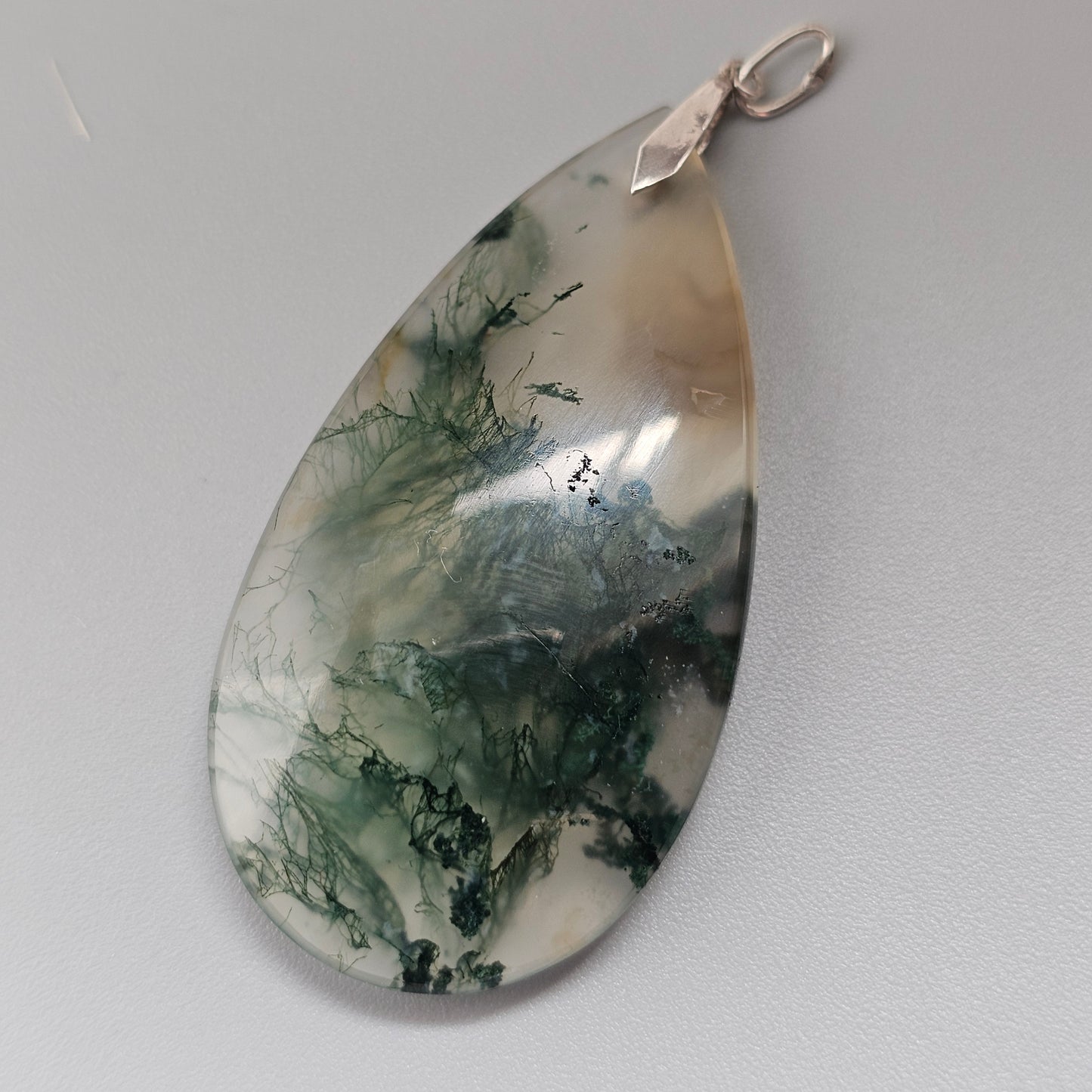 Vintage Silver Moss Agate Teardrop Necklace Pendant