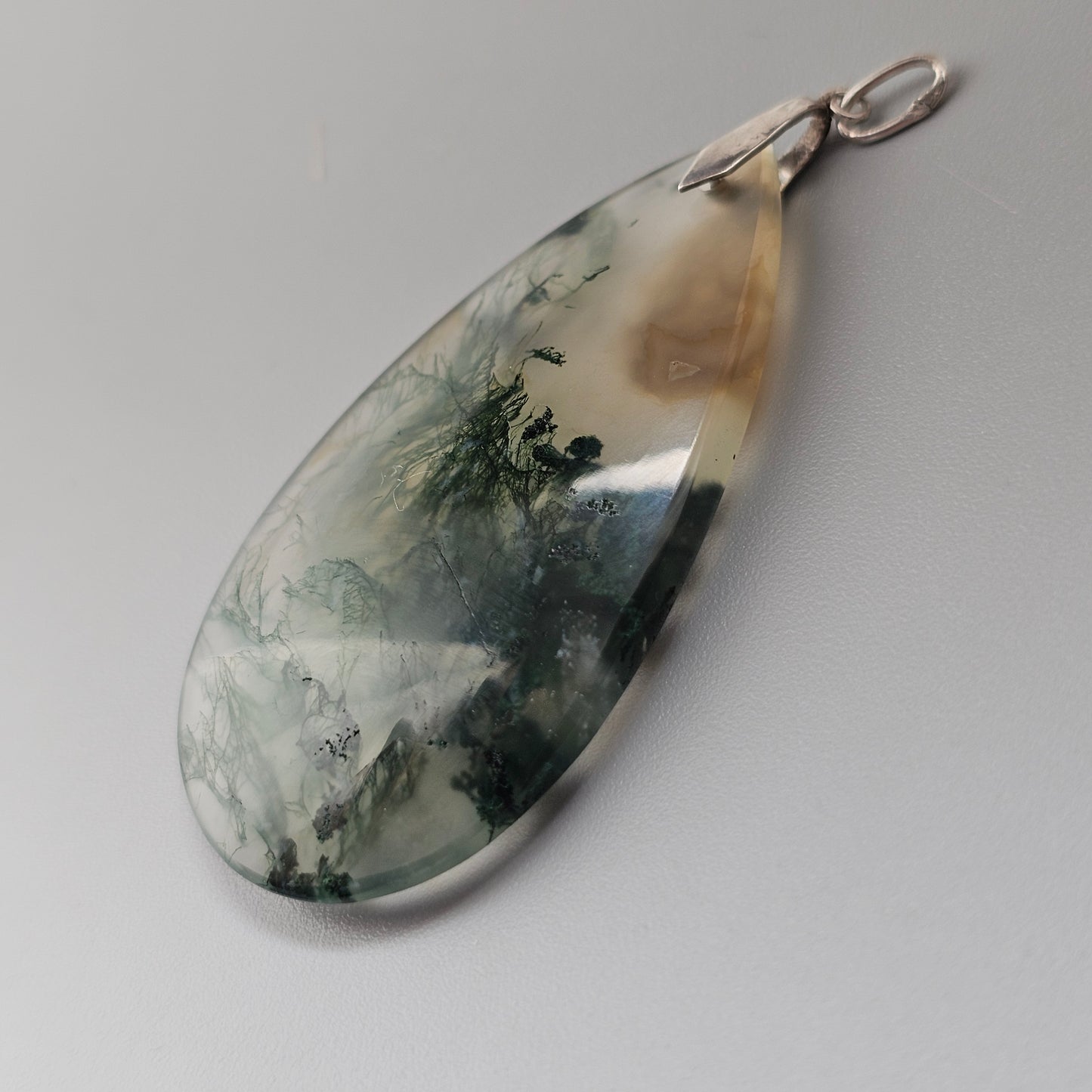 Vintage Silver Moss Agate Teardrop Necklace Pendant