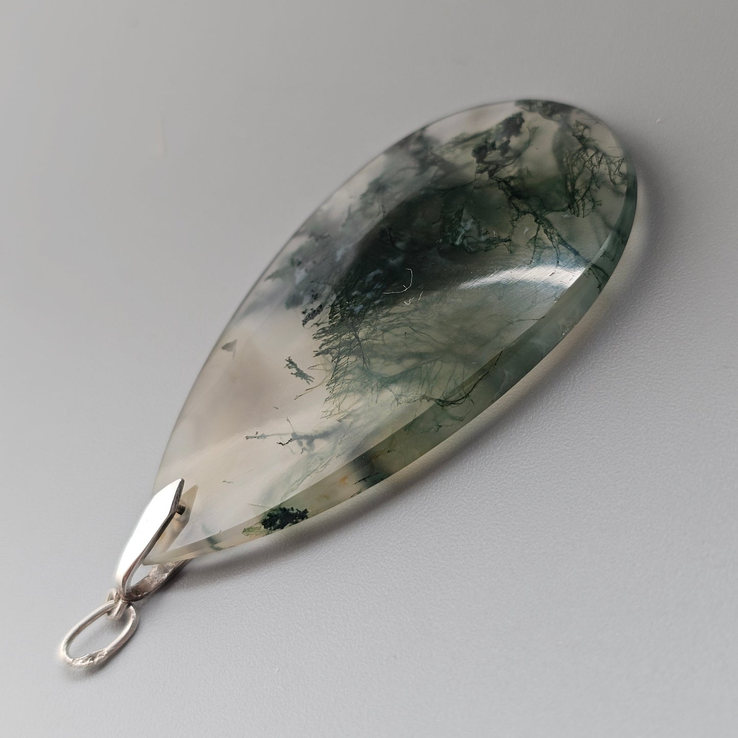 Vintage Silver Moss Agate Teardrop Necklace Pendant