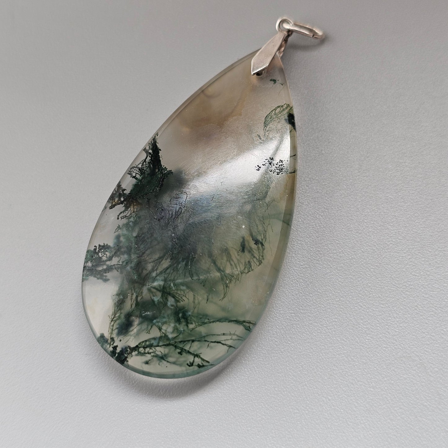 Vintage Silver Moss Agate Teardrop Necklace Pendant
