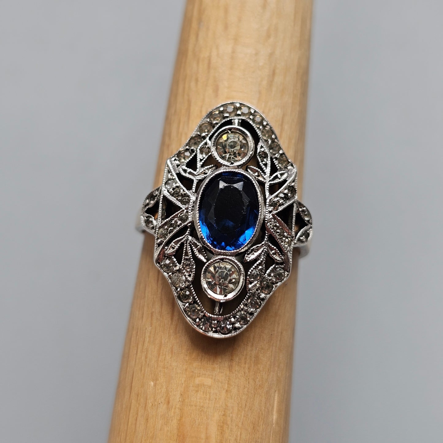 Antique Art Deco Silver 9ct Gold Blue Glass Paste Ring