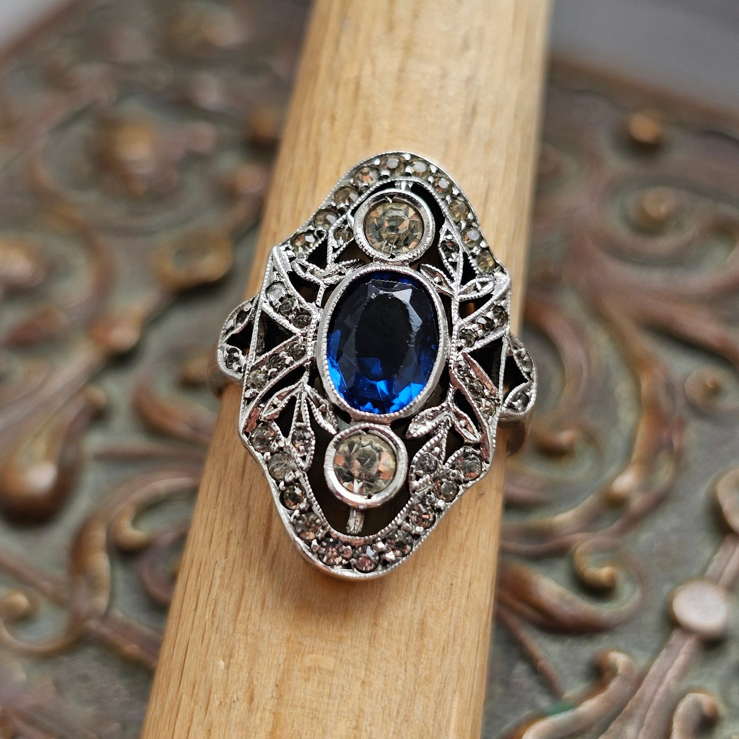 Antique Art Deco Silver 9ct Gold Blue Glass Paste Ring