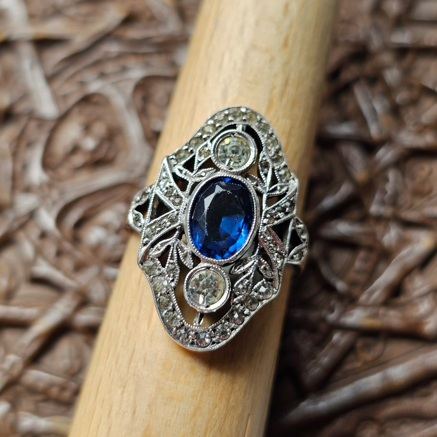 Antique Art Deco Silver 9ct Gold Blue Glass Paste Ring